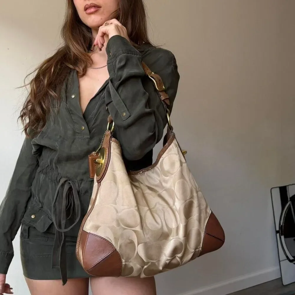 Coach Peyton Signature Sateen Snake Hobo Bag in tan colorway - Picture 3 of 8